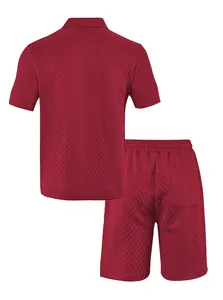 Detailed back view of men's summer dark red jacquard knit polo shirt and casual shorts set