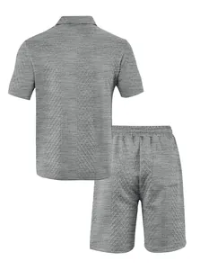 Detailed back view of grey jacquard texture polo shirt and matching casual shorts set