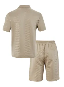 Back view of men's casual summer jacquard polo shirt and shorts set in beige fabric