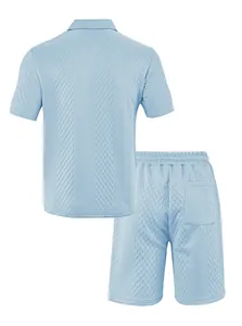 Detailed back view of a light blue men's jacquard textured polo shirt and shorts