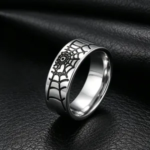 8mm stainless steel spider web ring with vintage hip hop style on leather background