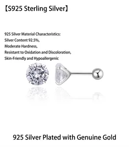 S925 sterling silver stud earrings with four-prong set cubic zirconia and screw-back design.