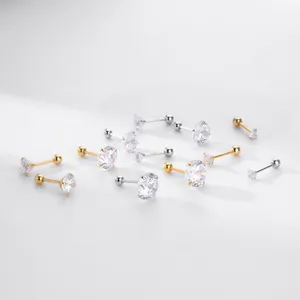 Close-up of S925 sterling silver stud earrings with round-cut cubic zirconia stones.