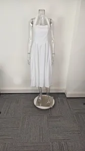 Full-body view of an elegant white halter neck midi dress on a transparent mannequin.