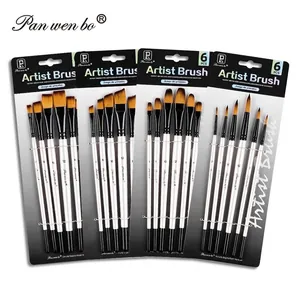Professional 6pcs artist brush set for watercolor, oil, and acrylic painting with white handles.