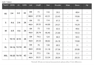 Detailed size chart for the striped long-sleeve women's shirt with multi-region measurements