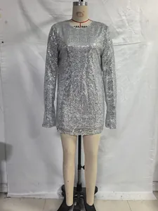 Detailed view of a sparkling silver sequin long sleeve bodycon mini dress on mannequin