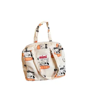 Cute cartoon puppy and baguette print large capacity cream tote bag for mothers