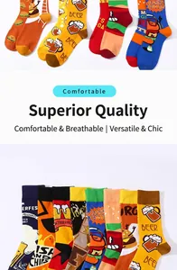 Detailed view of colorful mid-calf socks with funny burger and beer patterns for streetwear