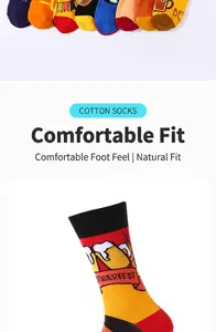 Detailed view of colorful crew socks with hamburger and beer prints for street fashion.