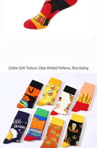 Detailed view of colorful crew socks featuring fun food and beer patterns in a knit texture.