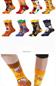 Close-up of novelty mid-calf socks featuring vibrant beer and burger prints