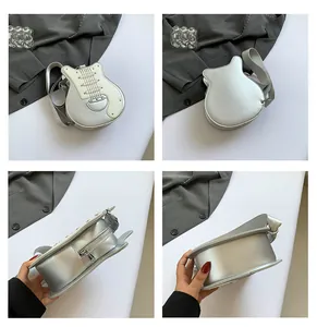 Multi-angle details of a stylish silver guitar-shaped shoulder bag with rivet accents