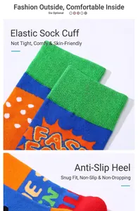 Close-up detail of the elastic cuff and anti-slip heel on trendy colorful mid-calf socks
