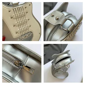 Detailed macro views of a silver guitar-shaped bag showing rivets, zipper, and interior