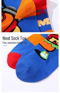 Detailed view of the flat-seamed toe on colorful hamburger print crew socks