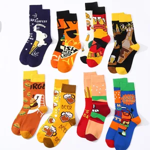 Novelty Food Print Mid-Calf Socks Polyester Breathable Burger Beer Pattern Crew Socks Streetwear Funny Socks For Men Women