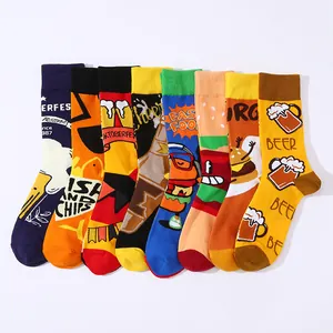 Collection of colorful novelty crew socks with food and beer prints in a row.