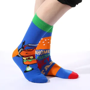 Fashionable streetwear crew socks featuring a vibrant hamburger and text graphic design