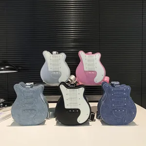 Guitar Shaped Women Crossbody Bag PU Leather Color Block Rivet Chest Bag Street Fashion Shoulder Bag With Adjustable Wide Strap