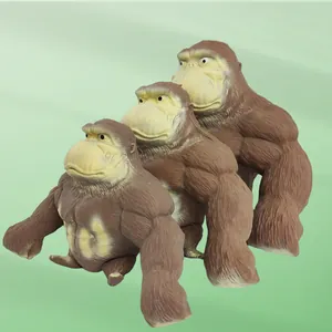 Set of three muscular brown gorilla squishy toys in different sizes for stress relief.