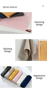 Detailed views of waffle weave cotton towel set showing stitching and vibrant colors.
