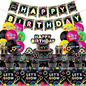 Neon Happy Birthday Party Zubehör Set mit Glow Bannern Ballons und Tischdecke