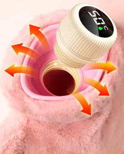 Close-up of hot water bottle cap with digital temperature display and pink plush cover