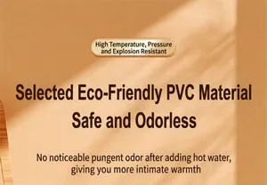Detail view explaining eco-friendly PVC material and safety features of hot water bottle