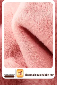 Macro texture view of soft pink faux rabbit fur material for heat storage hot water bottle