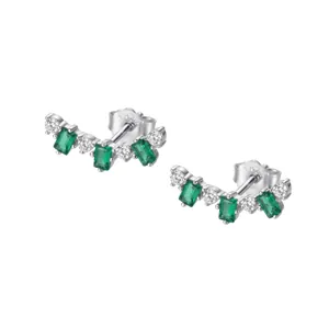 Close-up of elegant s925 silver stud earrings with emerald green and clear zircon stones.