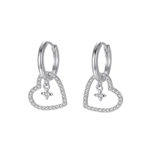 Macro detail of S925 sterling silver heart hoop earrings featuring pavé set zircon stones