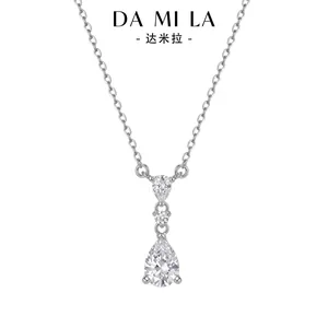 Close-up of elegant S925 sterling silver necklace with a sparkling pear-cut zircon pendant