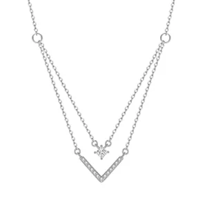 Detailed view of s925 sterling silver double-layer necklace with V-shaped star pendant