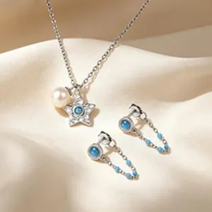 Set aus 925er Sterlingsilber-Halskette und Ohrringen mit Sternanhänger und Perle