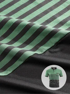 Macro view of men's casual polo shirt showing green and black striped fabric texture detail