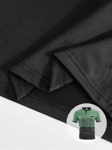 Detailed close-up of premium black fabric stitching on men's casual striped polo shirt