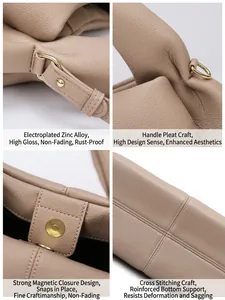 Detail shots of taupe cloud tote bag with pleated handle and magnetic closure.