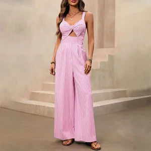 Tuta Intera Donna Estiva a Righe con Intaglio Senza Maniche Torsione Frontale Gamba Larga Casual in Misto Cotone per Vacanza