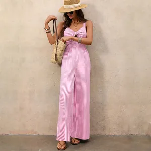 Elegante tuta estiva a righe con nodo, design cut-out e schiena scoperta per vacanze