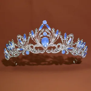 Close-up of elegant Baroque blue crystal tiara for wedding and birthday queen crown