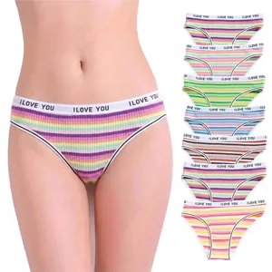 Cotton Ribbed Briefs Breathable Low Waist Colorful Striped Panties With Letter Elastic Waistband For Women