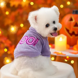 Cute purple pet sweater for Halloween with pink 'BOO!' embroidery and festive decorations