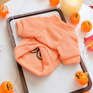 Close-up of orange knitted pet Halloween sweater with pumpkin embroidery details