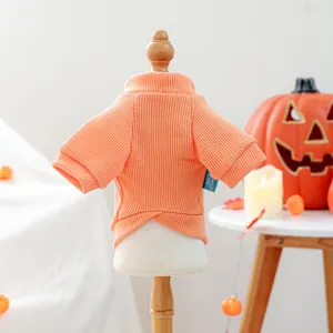 Close-up detail of an orange knit pet sweater featuring festive Halloween pumpkin decor