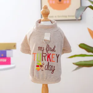Close-up detail of 'my first Turkey day' embroidery on beige pet corduroy sweater