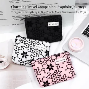 Portable floral cosmetic pouch with zipper for travel and jewelry storage
