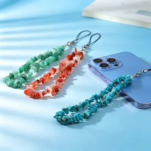 Natural crystal stone beaded phone straps with colorful chip beads and wrist lanyards