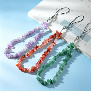 Natural crystal stone beaded phone lanyard strap in purple, orange and green colors