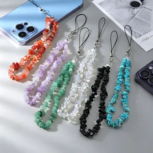 Natural Crystal Gemstone Chips Phone Lanyard Irregular Stone Bead Wrist Strap Charm For Mobile Phone Case Decoration Women